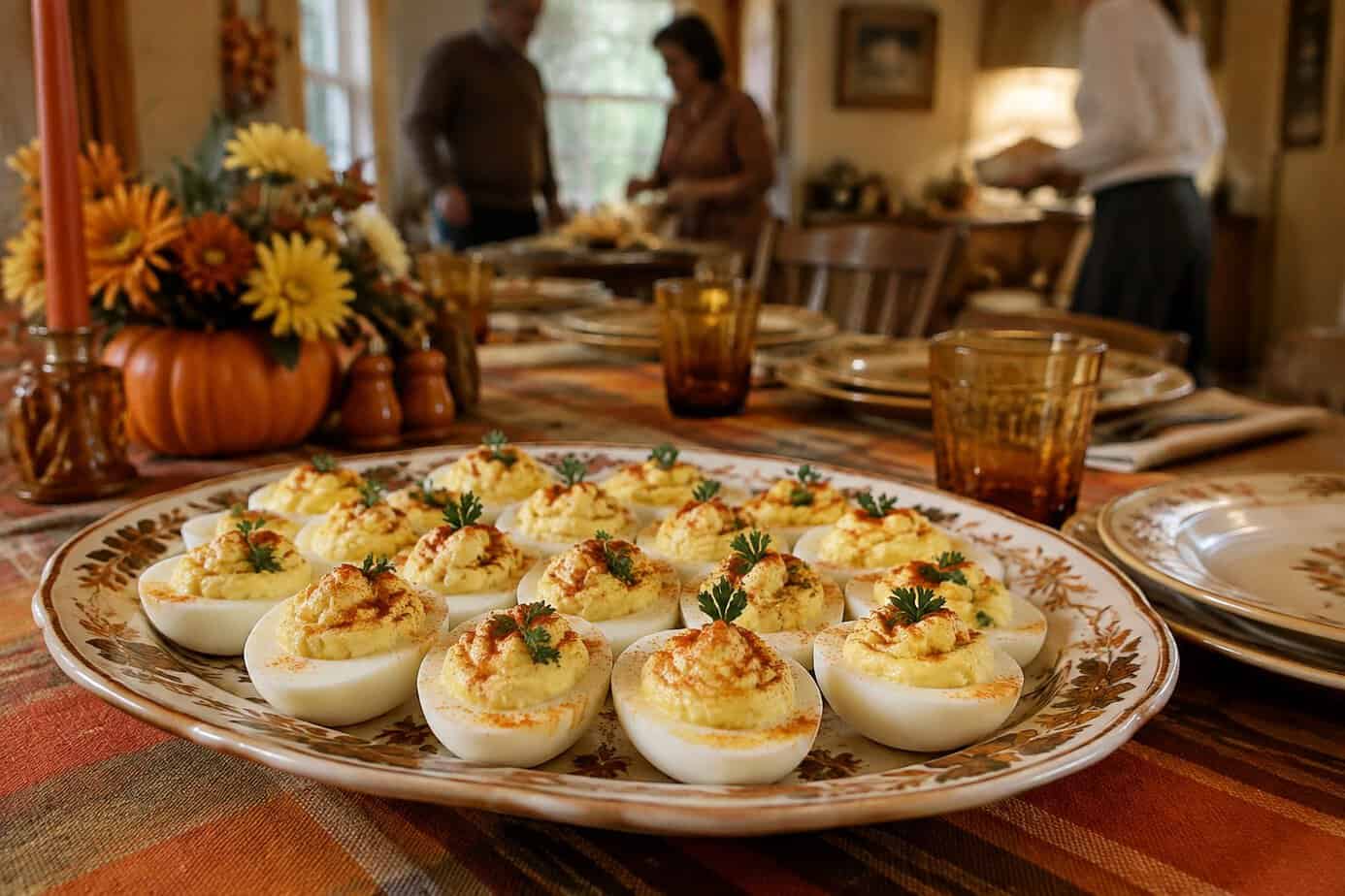 A platter of deviled eggs sits on a Thanksgiving table.
