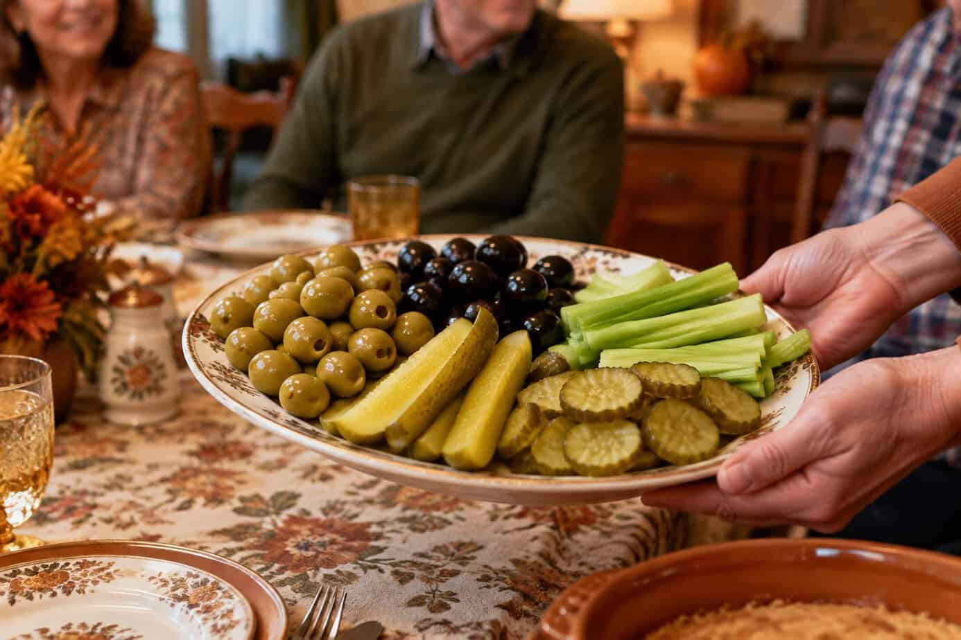 A hand offers a platter of olives, pickles, and celery at a Thanksgiving table.