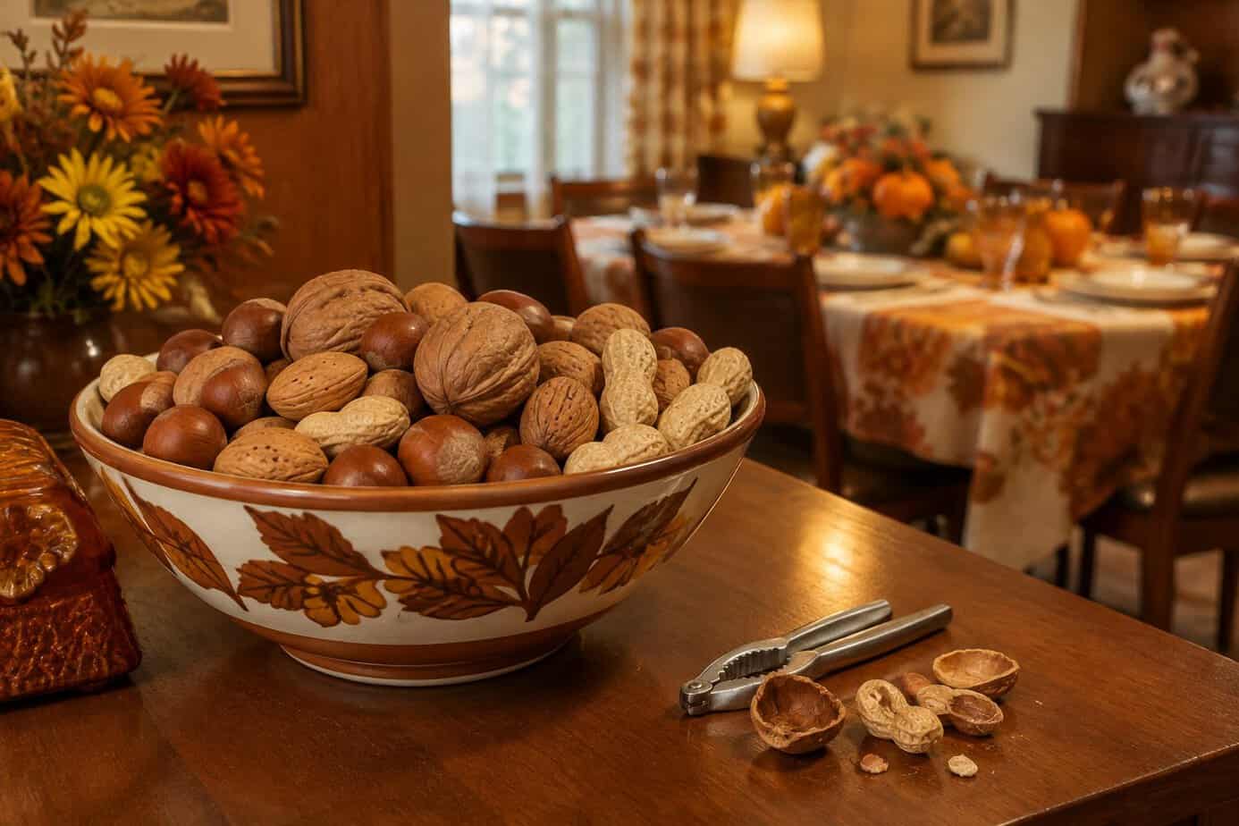 A bowl of mixed nuts in their shells sits beside a nutcracker on a dining-room sideboard.