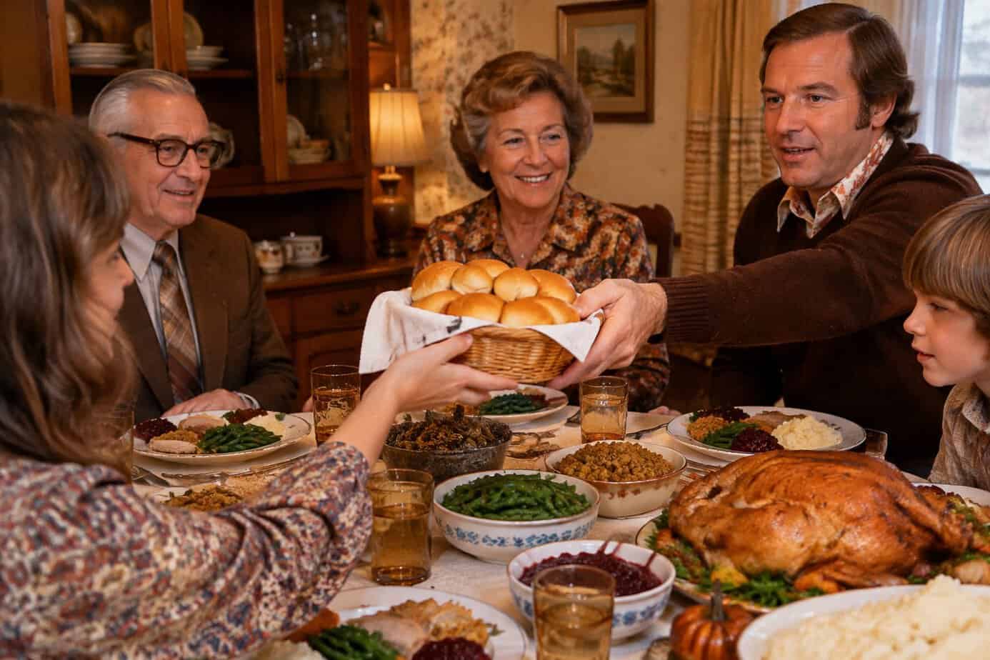 A family passes a basket of dinner rolls around the table during Thanksgiving.