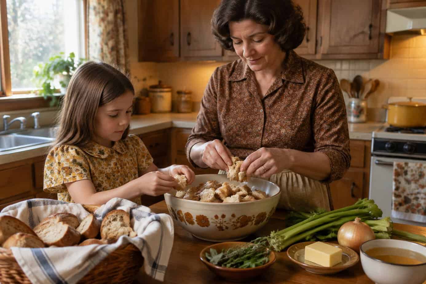 A parent and child crumble stale bread into a bowl while preparing Thanksgiving stuffing.