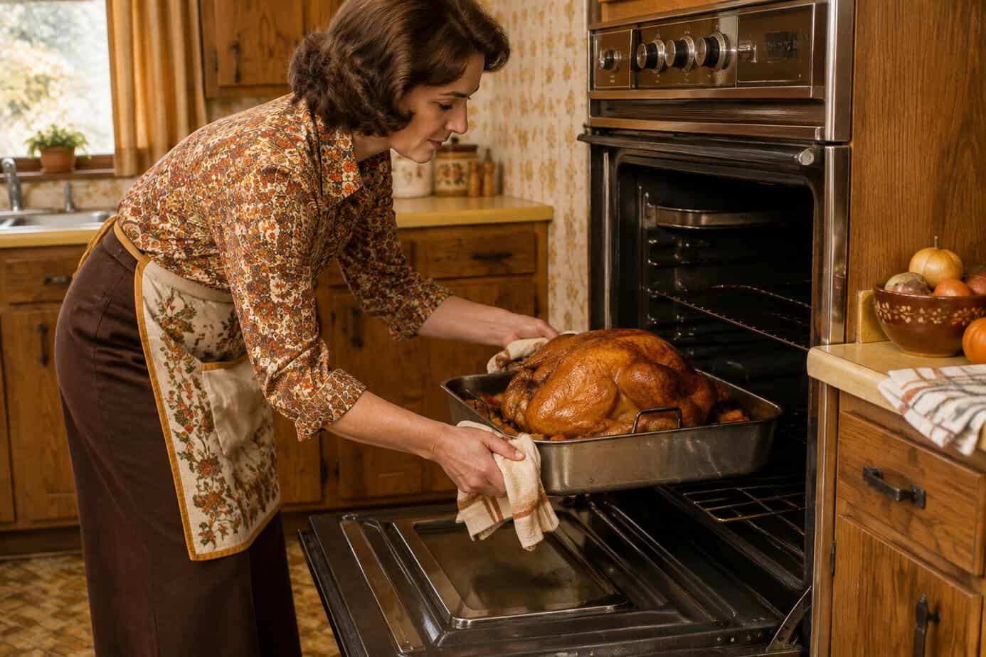 A home cook places a roasting pan with a turkey into a conventional oven.