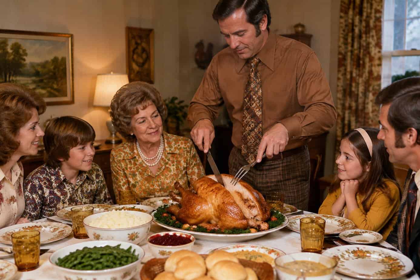 A family watches as an adult carves a turkey at the Thanksgiving table.