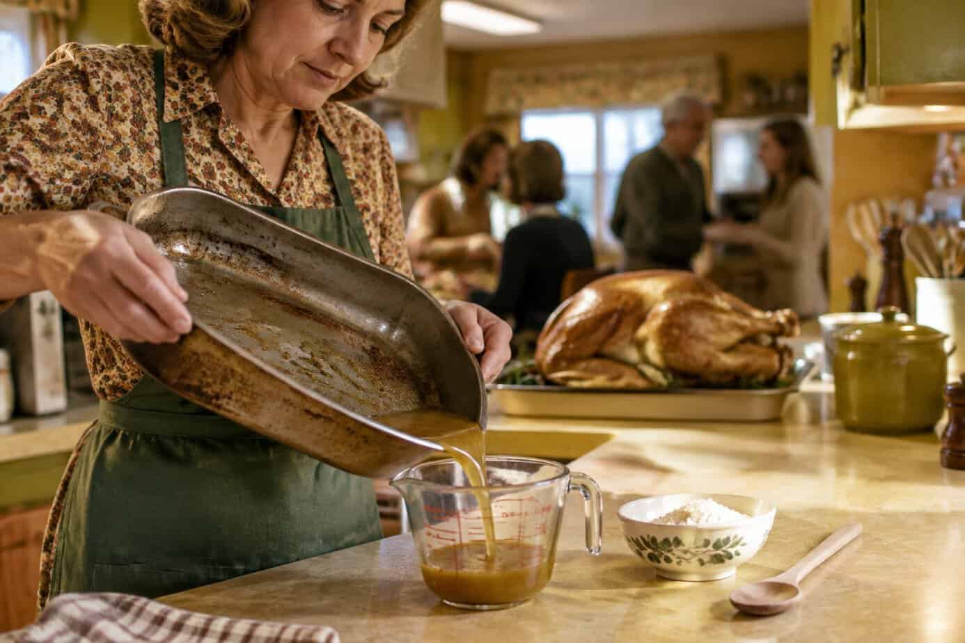 A home cook pours turkey drippings into a measuring cup in a family kitchen.