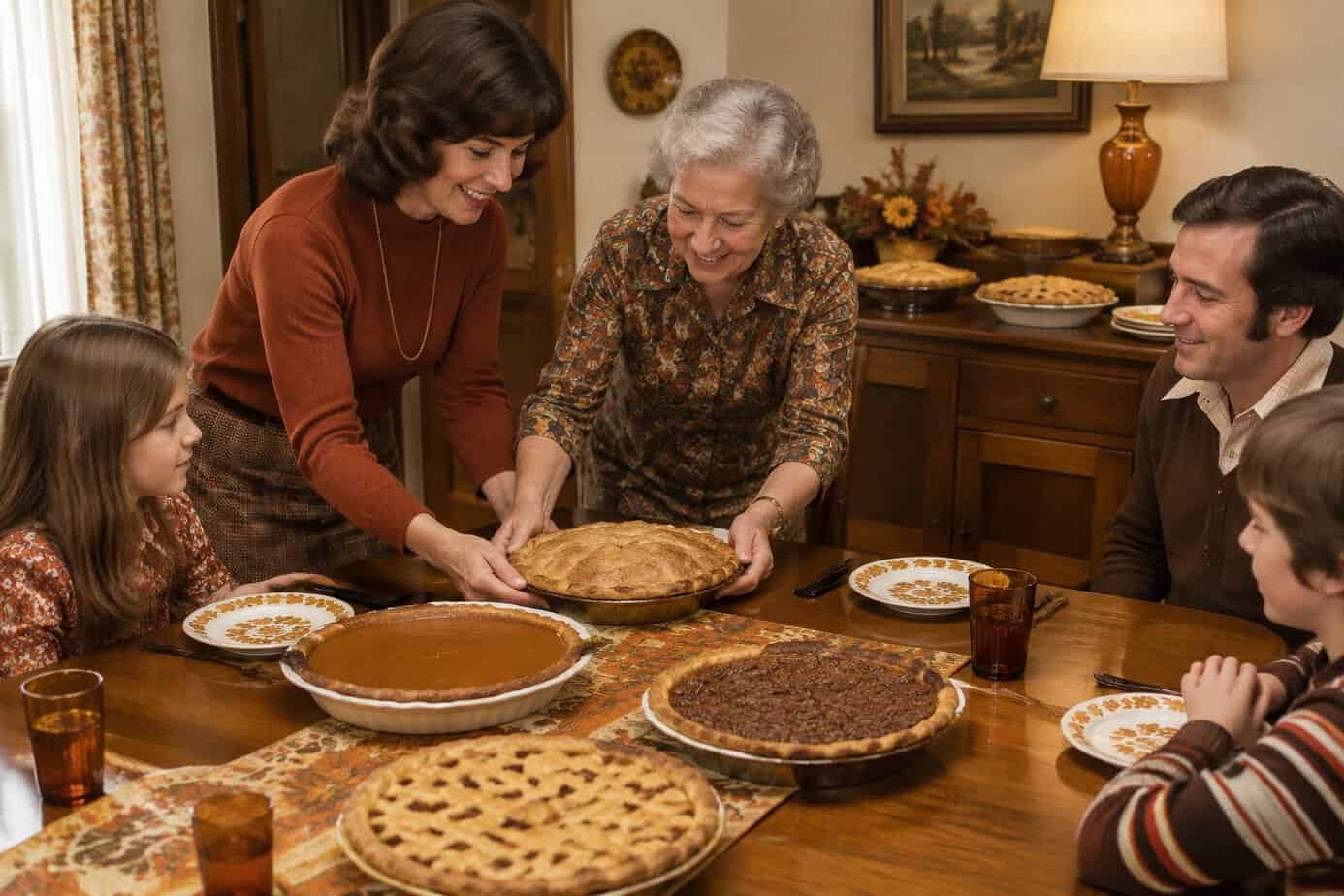 A family sets several homemade pies on the table for Thanksgiving.
