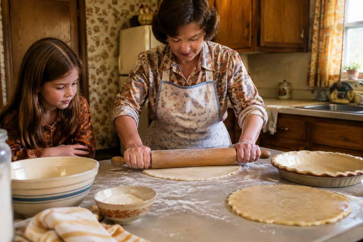 A family member rolls homemade pie dough on a kitchen counter while another relative watches.