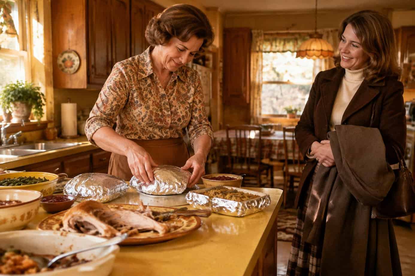 A host wraps Thanksgiving leftovers in foil for a guest in a home kitchen.