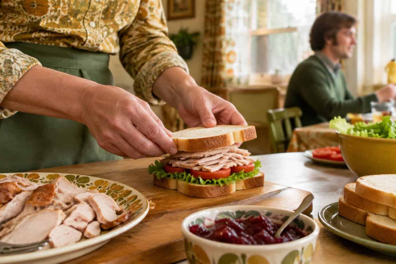 A person makes a turkey sandwich with leftover Thanksgiving food in a family kitchen.