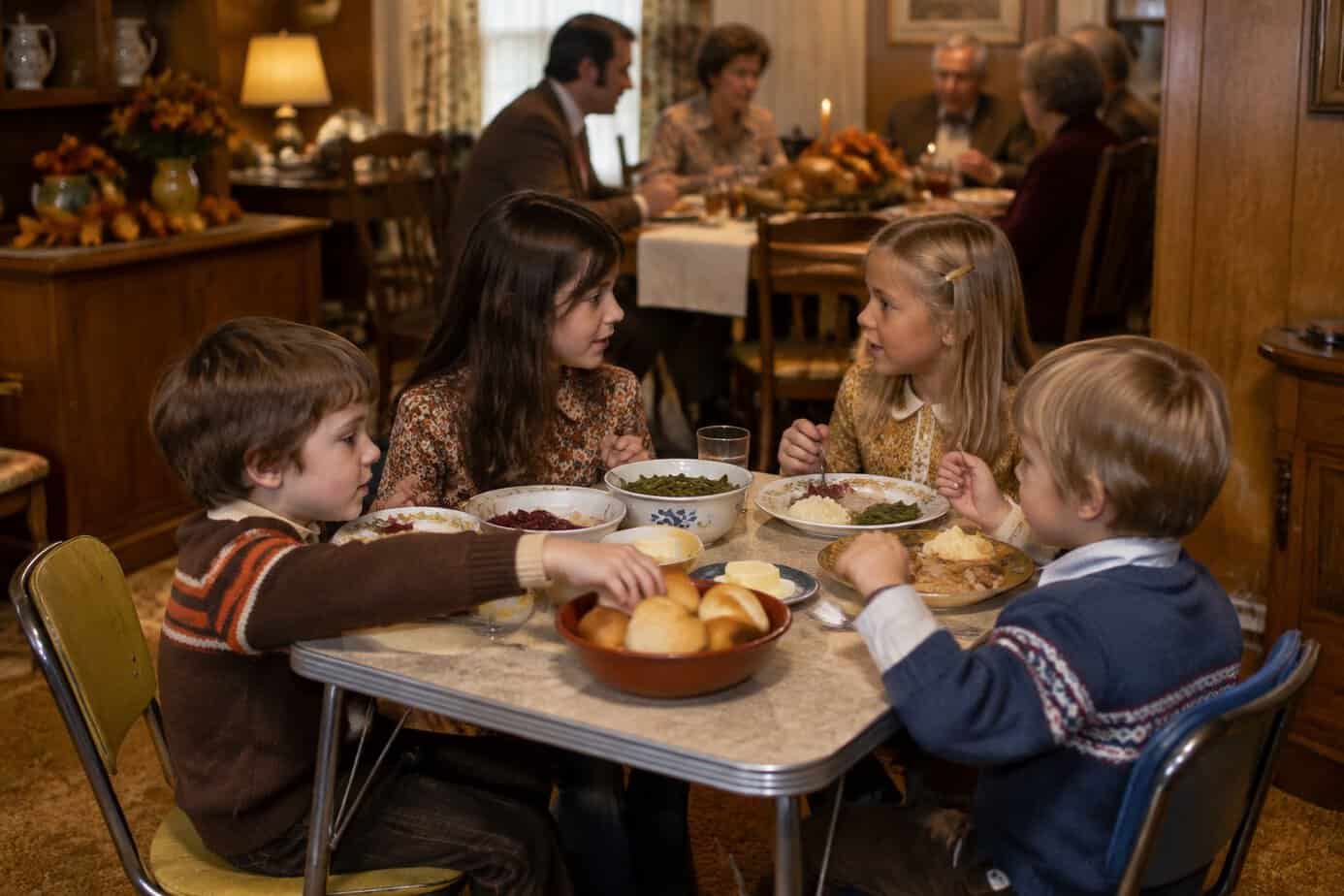 Children eat Thanksgiving dinner at a small table while adults gather nearby.