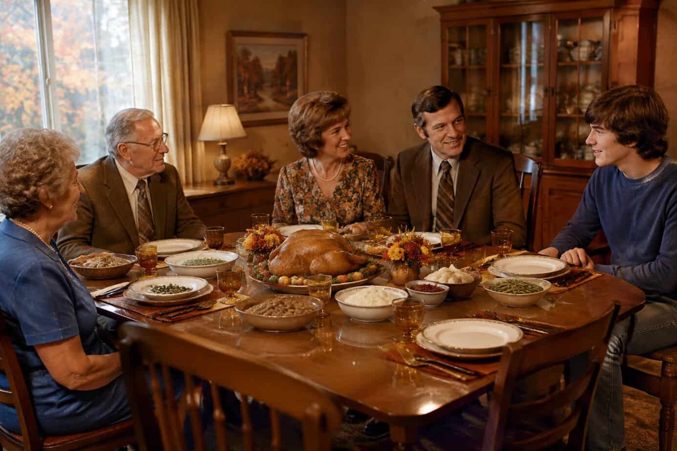 A family in a 1970s home gathers for Thanksgiving dinner, with some dressed formally and one person wearing casual clothes.