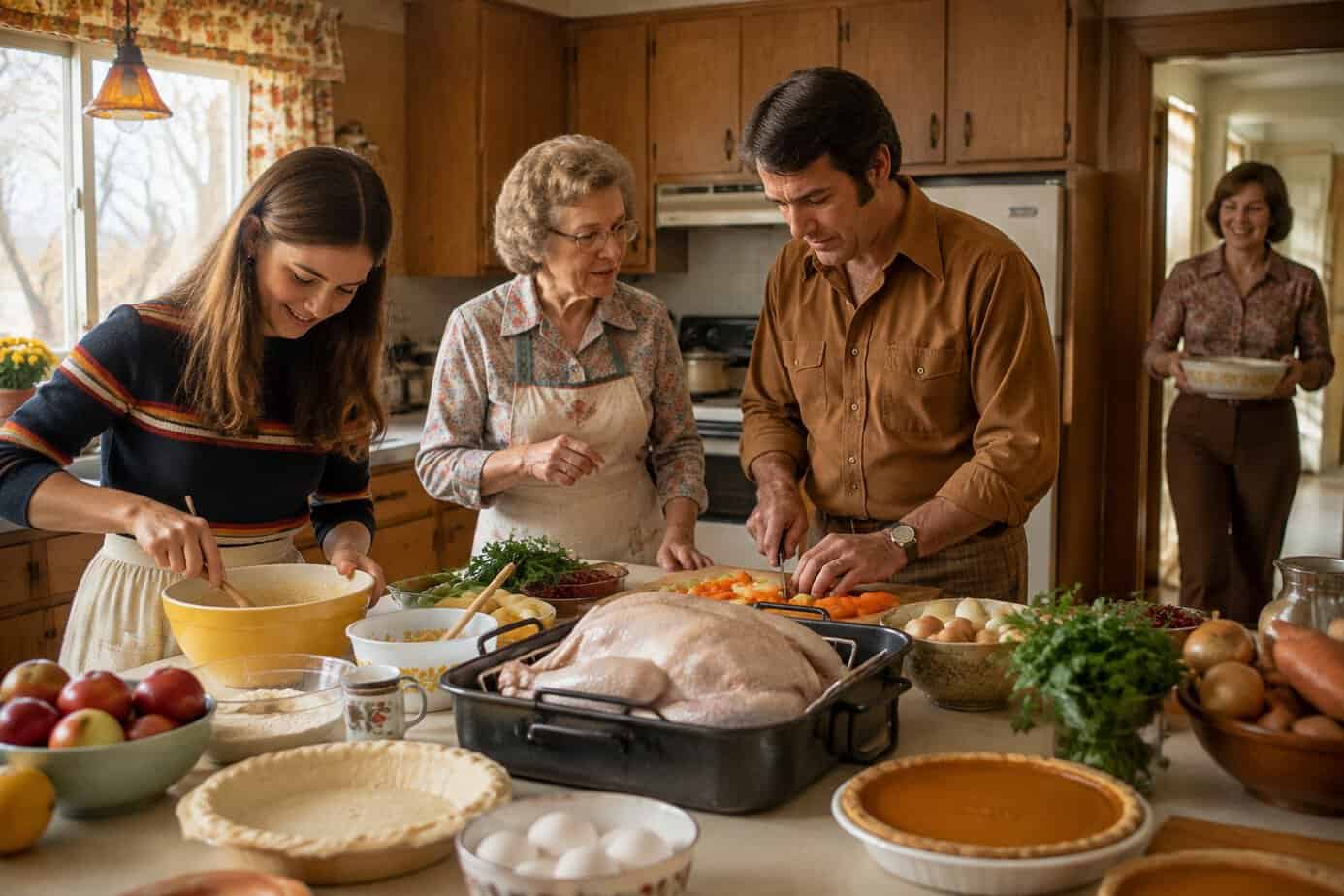 Relatives gather in a kitchen to prepare Thanksgiving dinner.