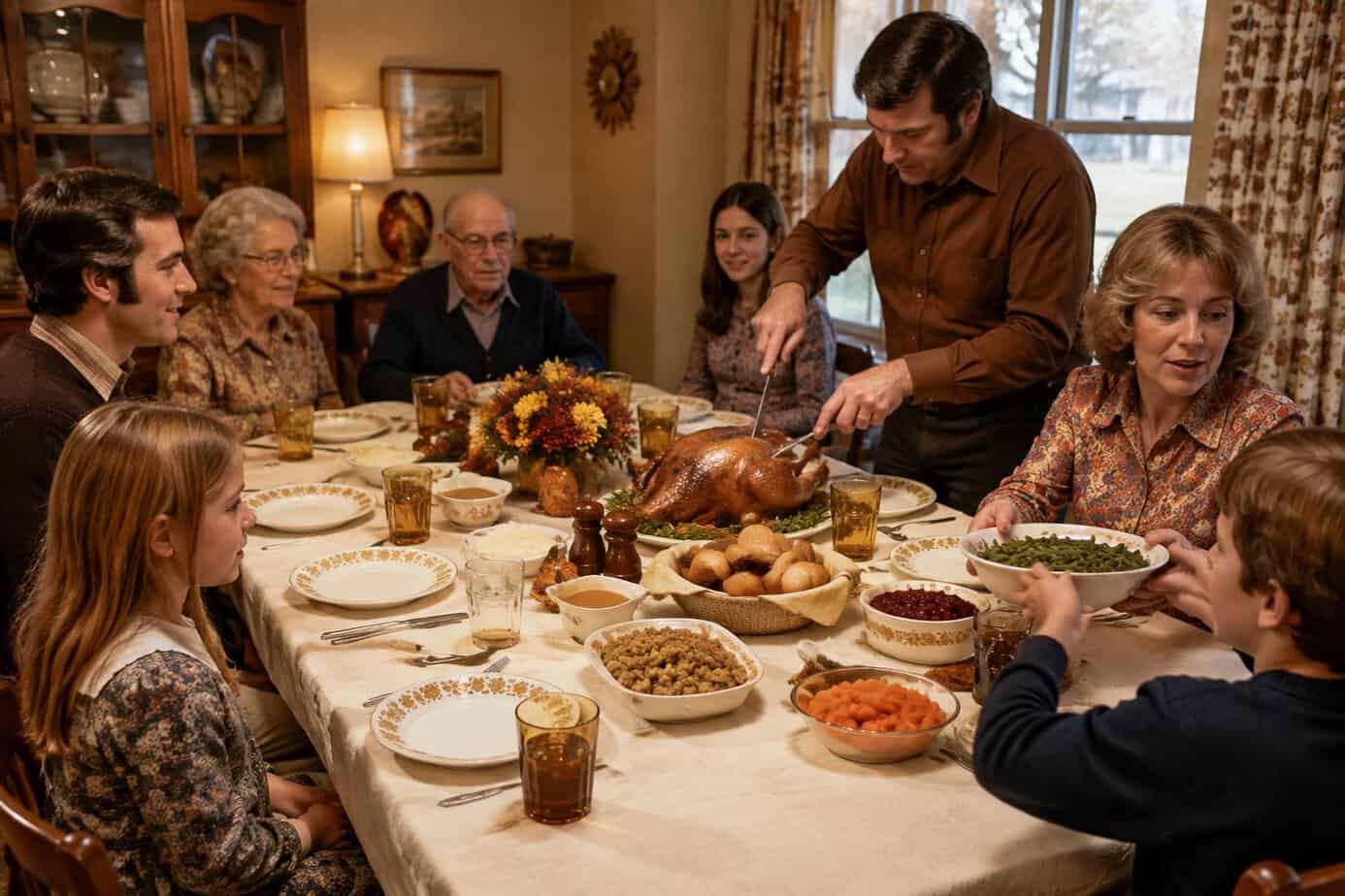 A family gathers around a Thanksgiving dinner table in a 1970s home.