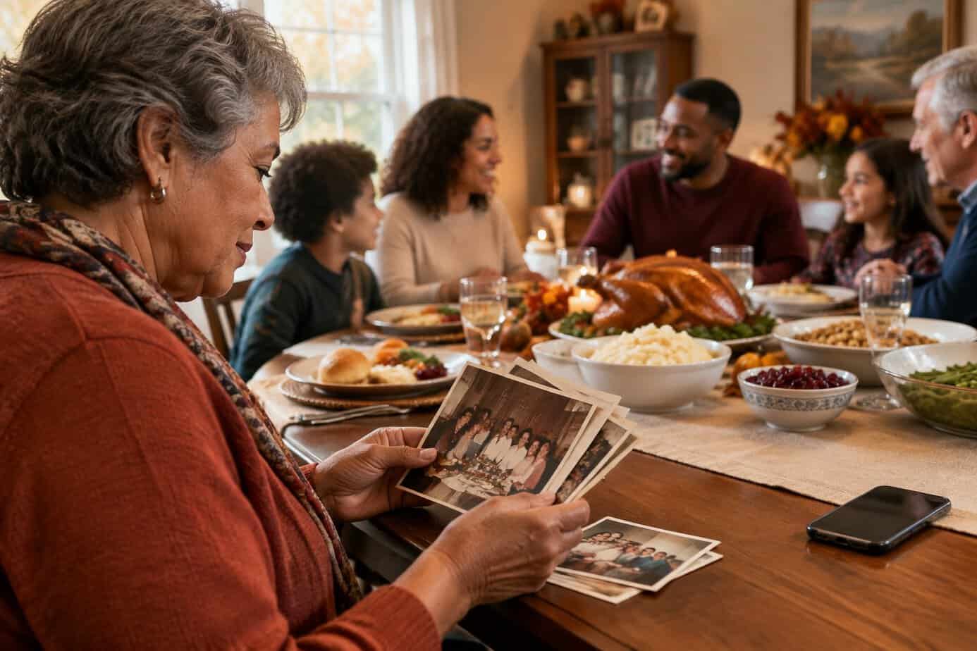 An older adult looks at family photographs as relatives gather for Thanksgiving.