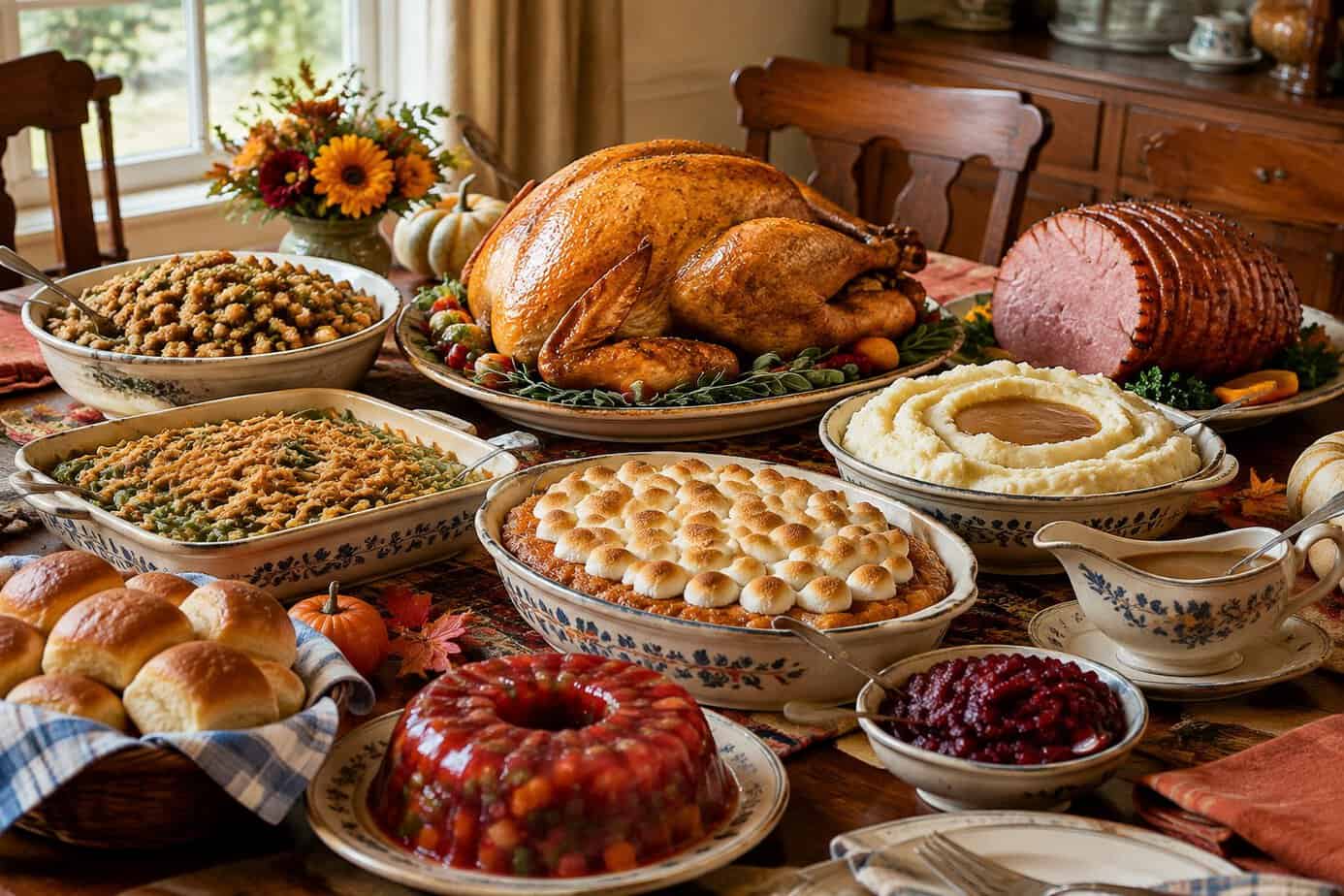 A Thanksgiving table laden with turkey and traditional side dishes.