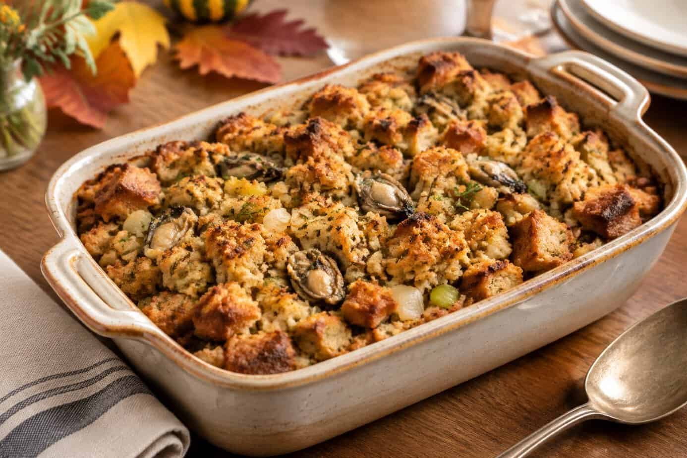 A golden-brown dish of oyster stuffing on a Thanksgiving table.