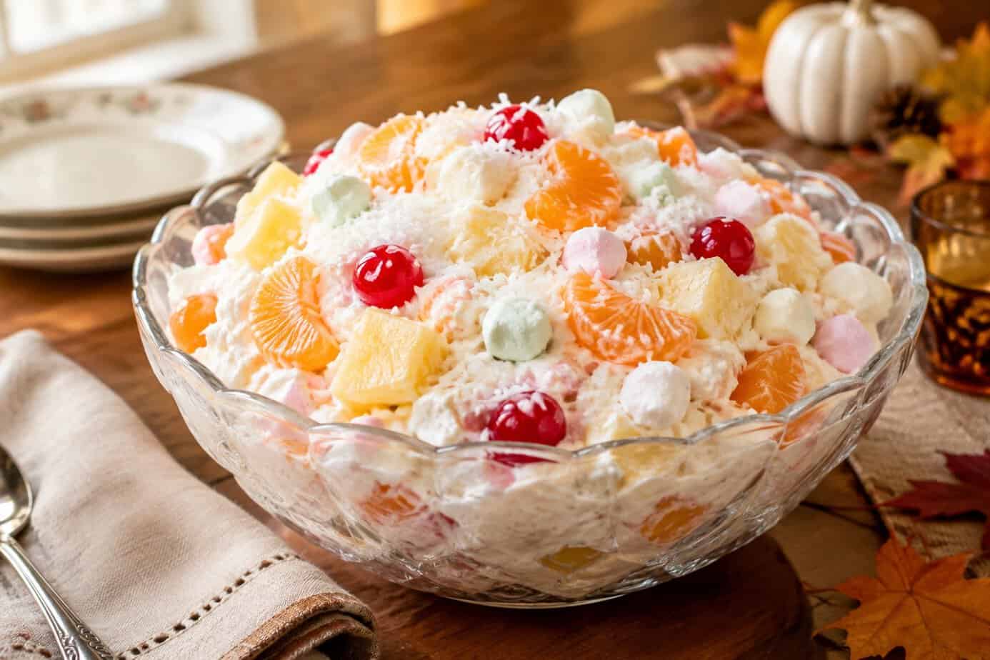 A glass bowl of creamy ambrosia salad with fruit and mini marshmallows on a Thanksgiving table.