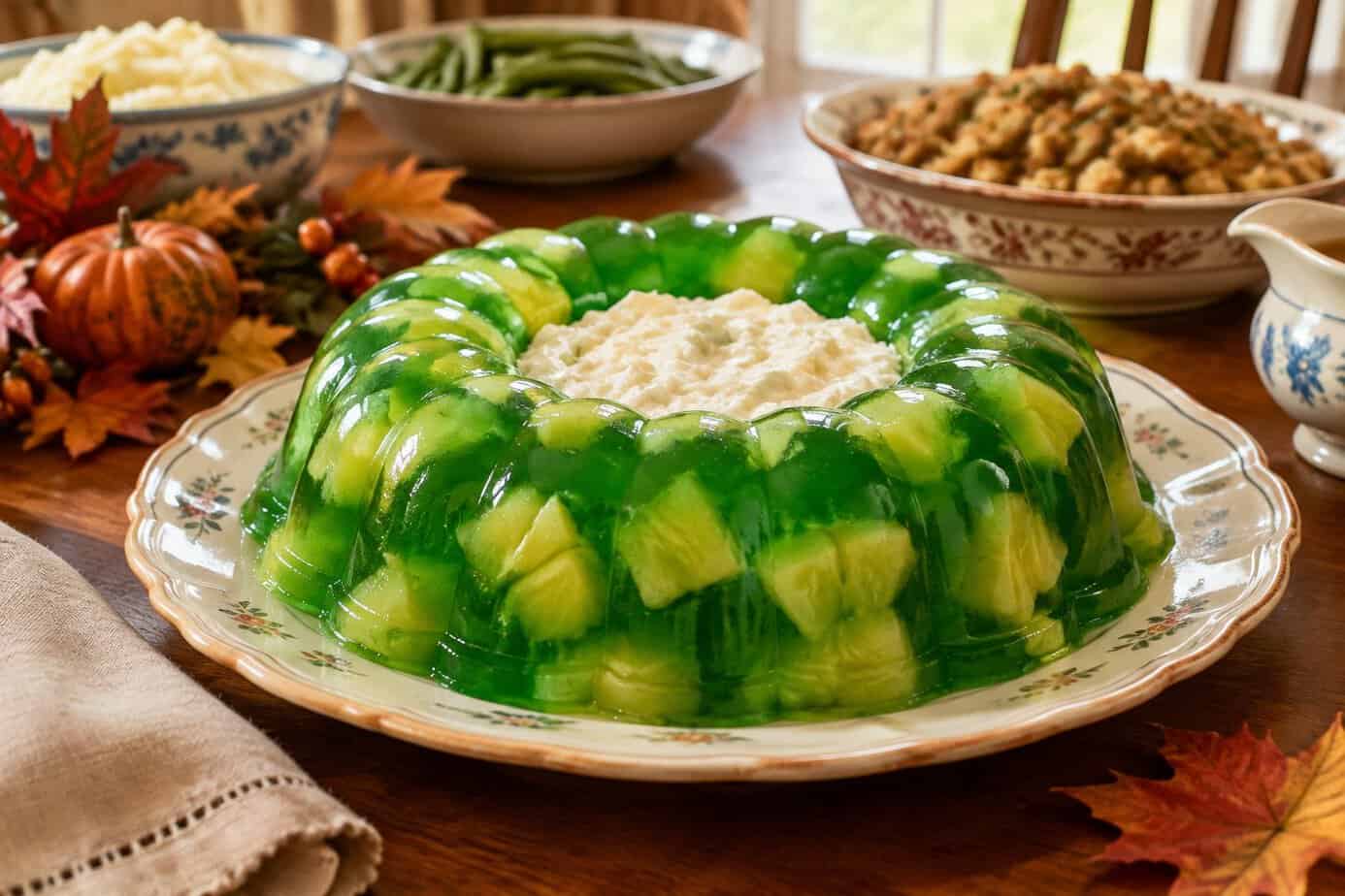 A molded green gelatin salad with pineapple sits on a platter on a Thanksgiving table.