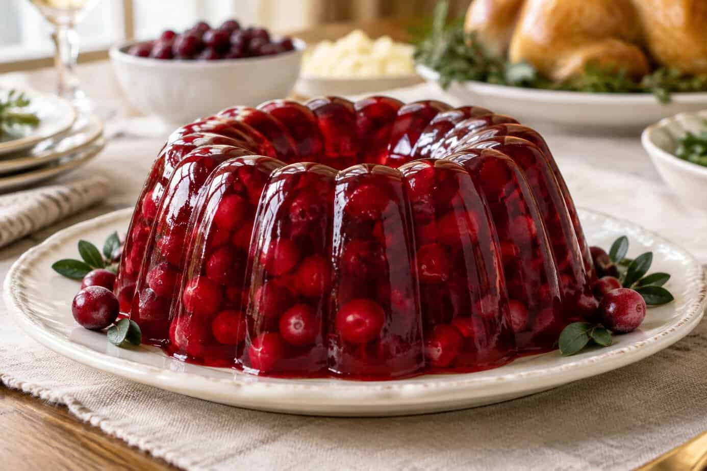 A cranberry gelatin ring mold on a platter at a Thanksgiving table.