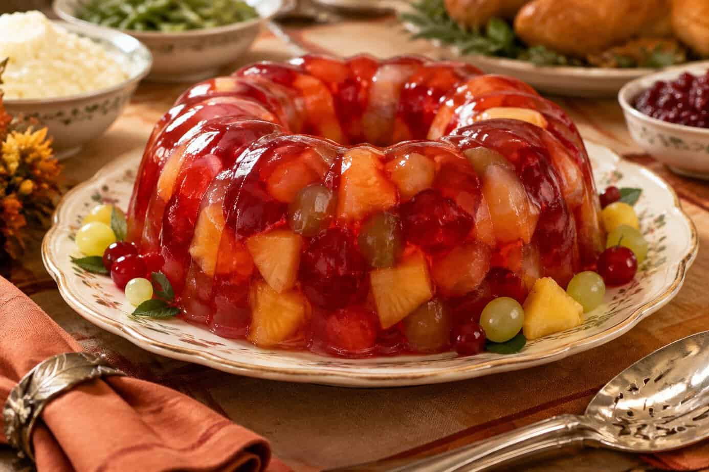 A red molded fruit salad with visible pieces of fruit on a serving platter.