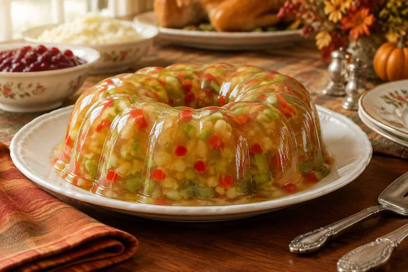 A molded gelatin salad with diced vegetables sits on a Thanksgiving table.