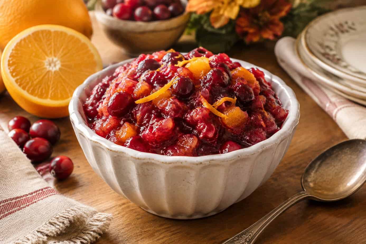 A bowl of cranberry-orange relish on a Thanksgiving table.