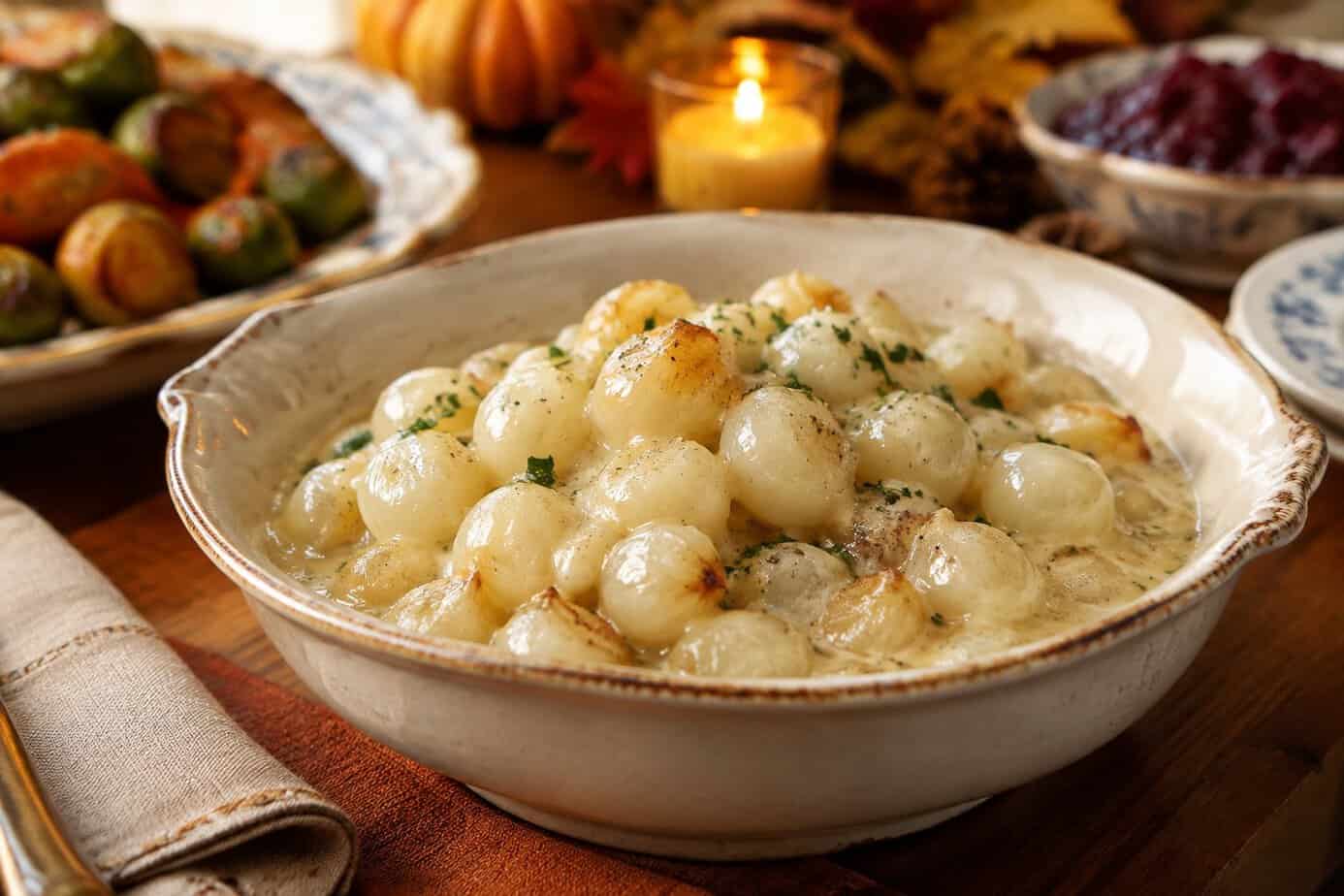 A bowl of pearl onions in creamy sauce on a Thanksgiving table.