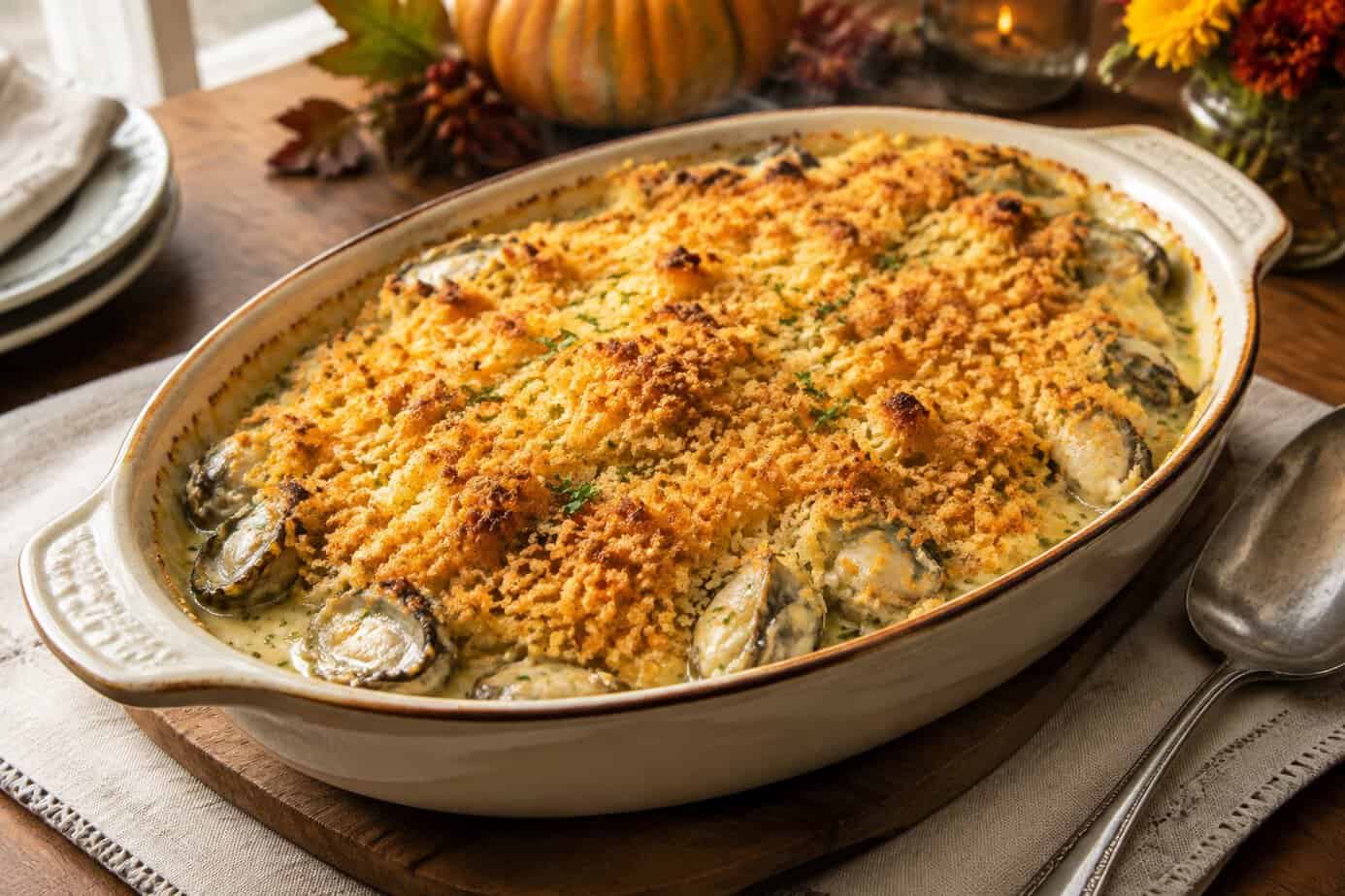 A golden casserole of scalloped oysters on a Thanksgiving table.