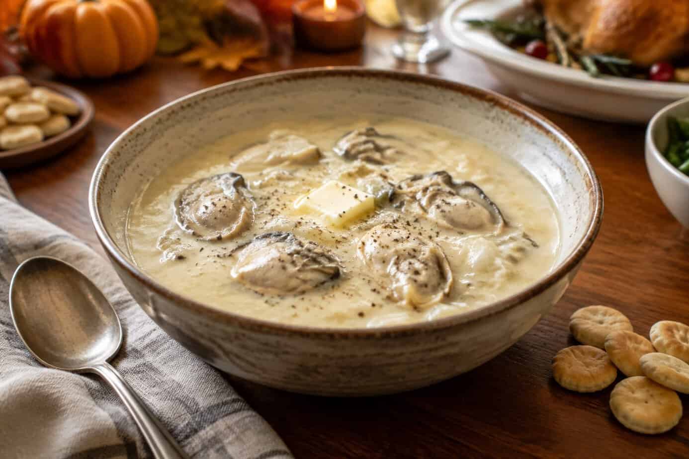 A bowl of creamy oyster stew sits on a dining table beside a spoon and oyster crackers.