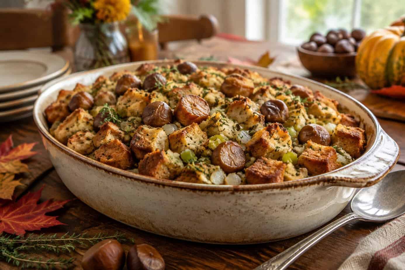 A dish of golden chestnut stuffing on an autumn dinner table.