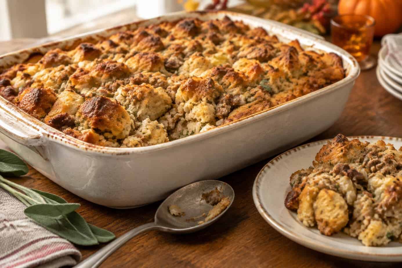 A golden casserole of sausage and sage dressing on a Thanksgiving table.