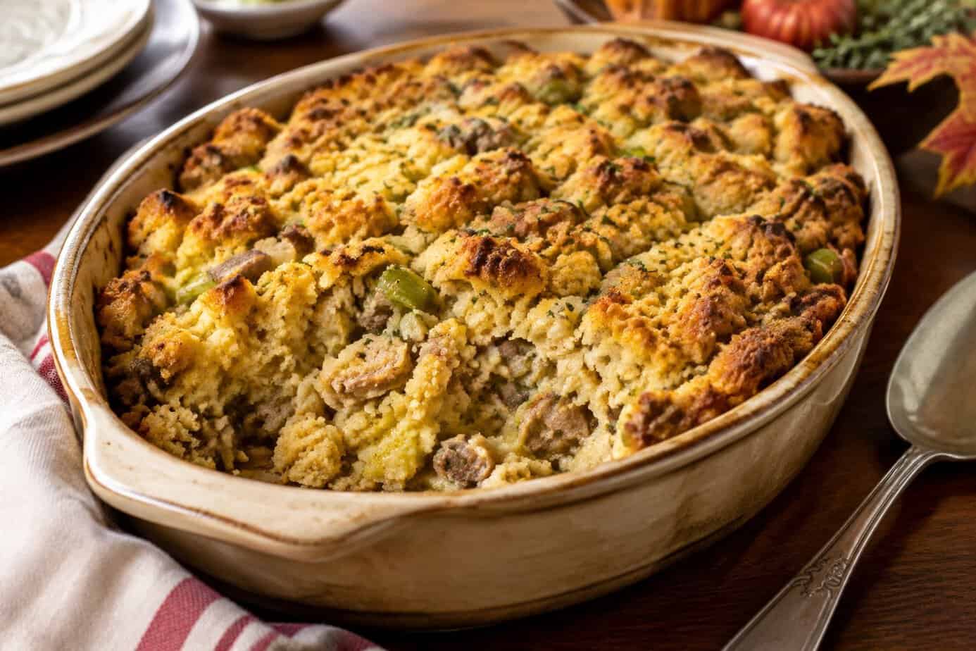 A dish of golden cornbread dressing with giblets on a Thanksgiving table.