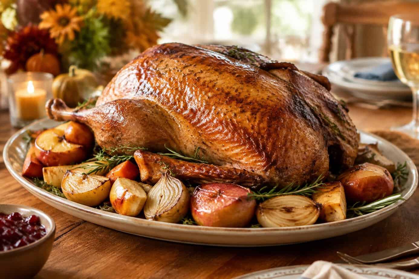 A golden roast goose served with apples and vegetables on a holiday table.