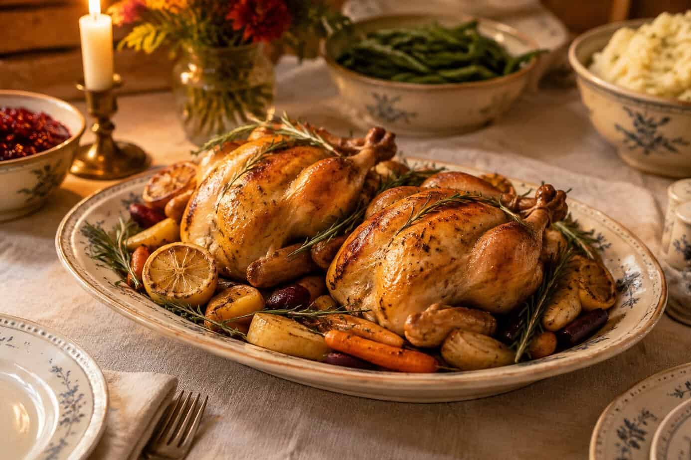 Two roasted Cornish game hens served on a platter with vegetables at a Thanksgiving table.
