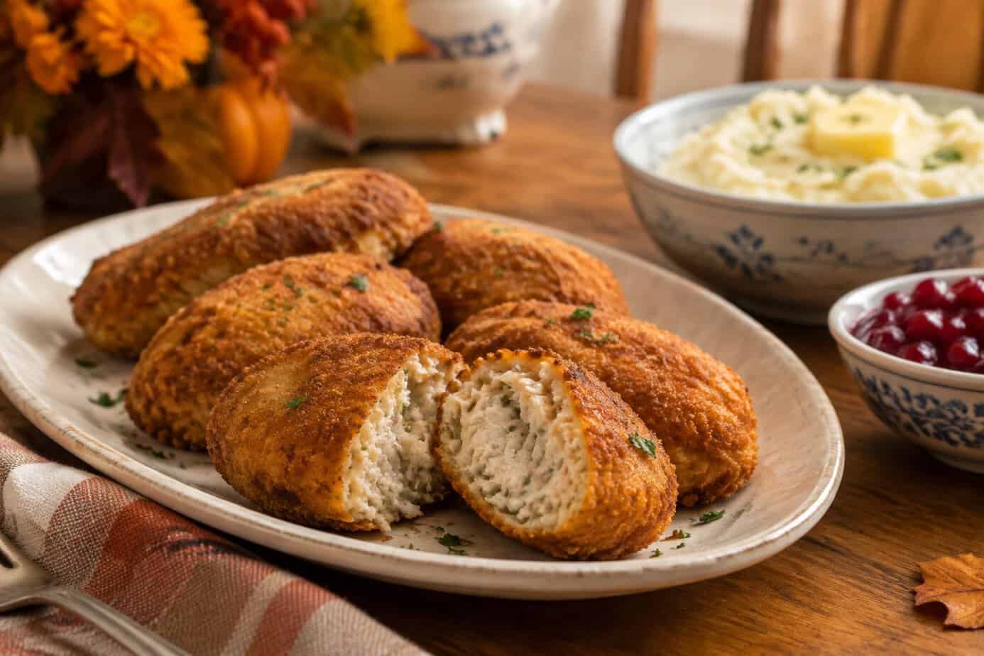 Golden turkey croquettes on a platter with mashed potatoes and cranberry sauce.