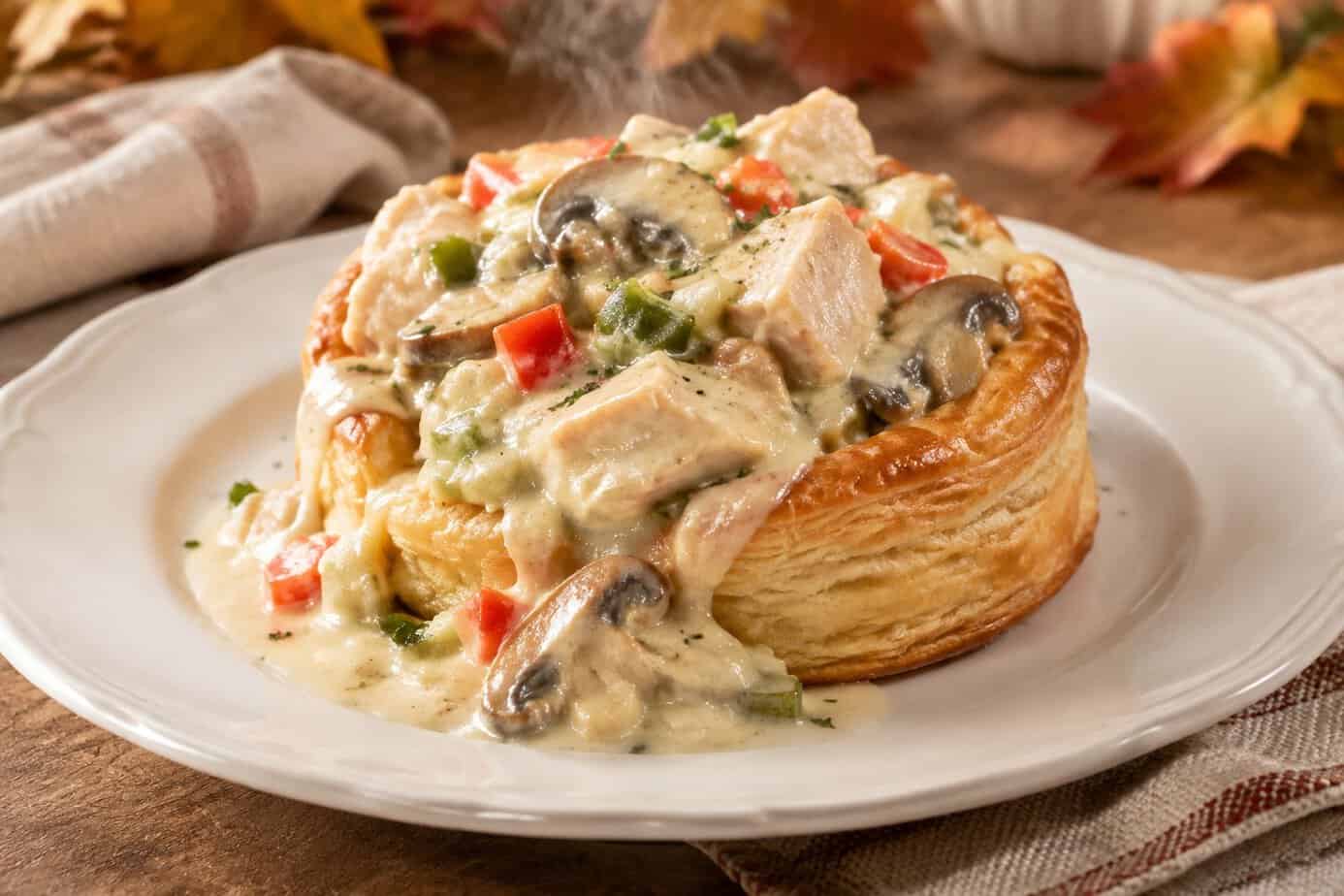 Creamy turkey à la king with mushrooms and peppers served in a puff-pastry shell.