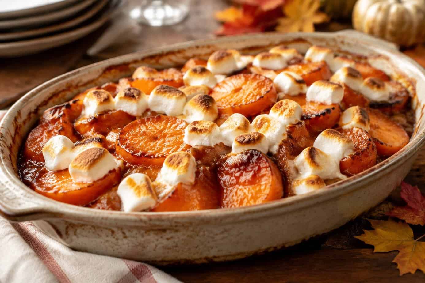 Glazed sweet potatoes topped with toasted marshmallows in a baking dish.