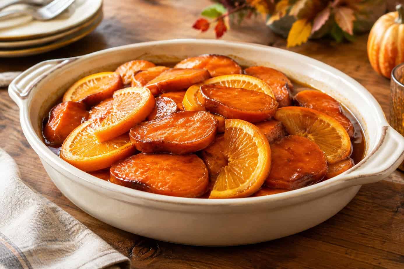 A casserole of glazed candied yams layered with orange slices on a dining table.