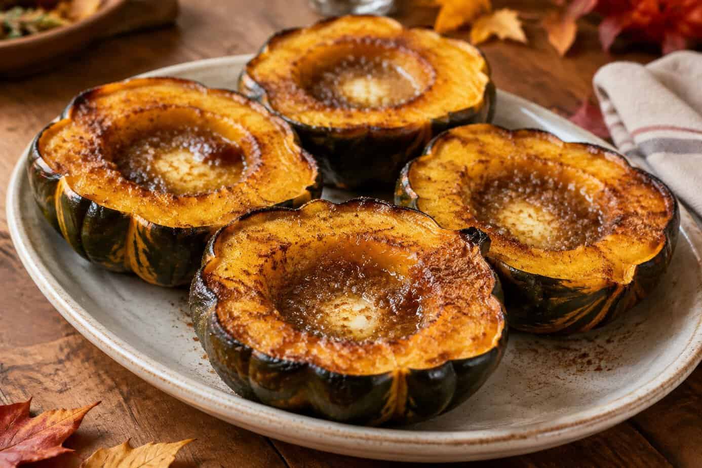 Roasted acorn squash halves filled with melted butter and brown sugar on a serving platter.