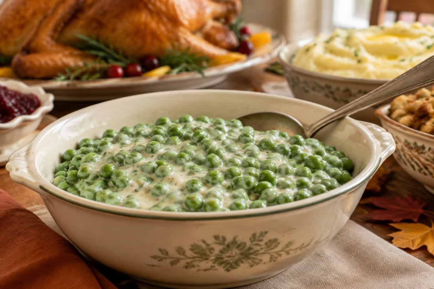 A bowl of peas in creamy sauce on a Thanksgiving table.