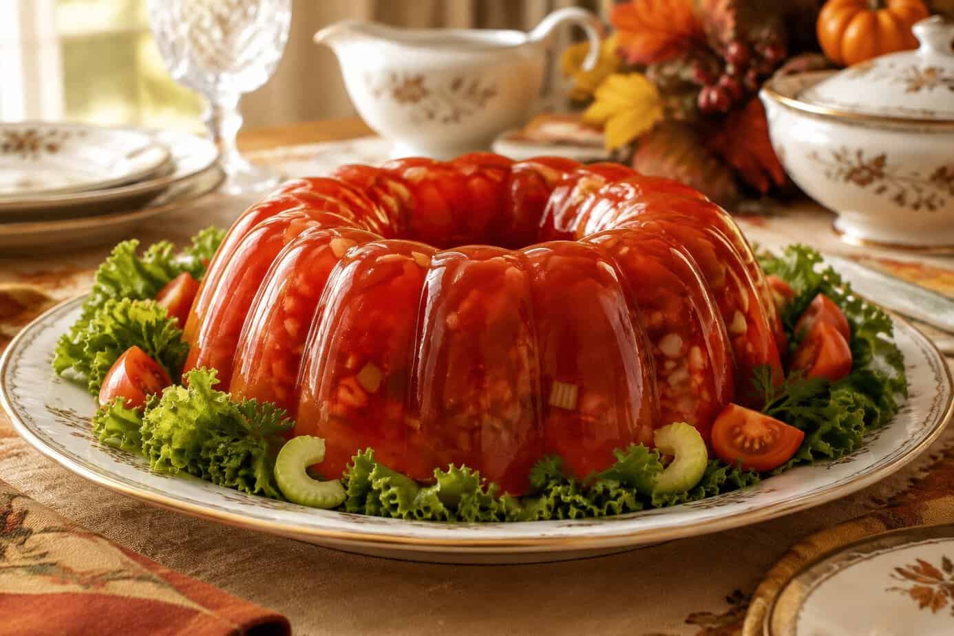 A molded tomato aspic garnished with lettuce sits on a serving platter.