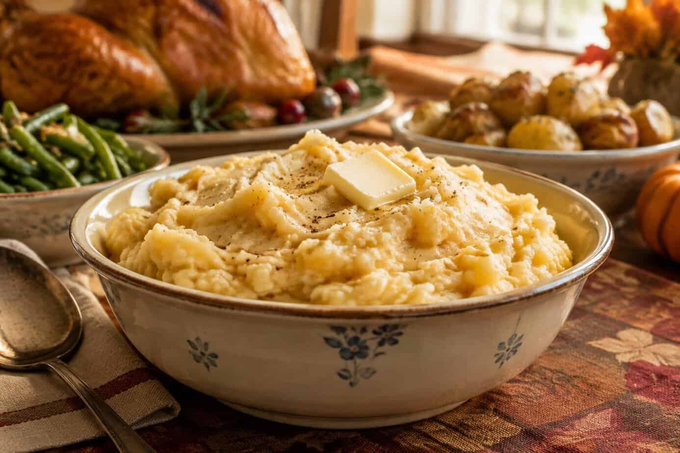A bowl of mashed rutabaga topped with butter on a Thanksgiving dinner table.