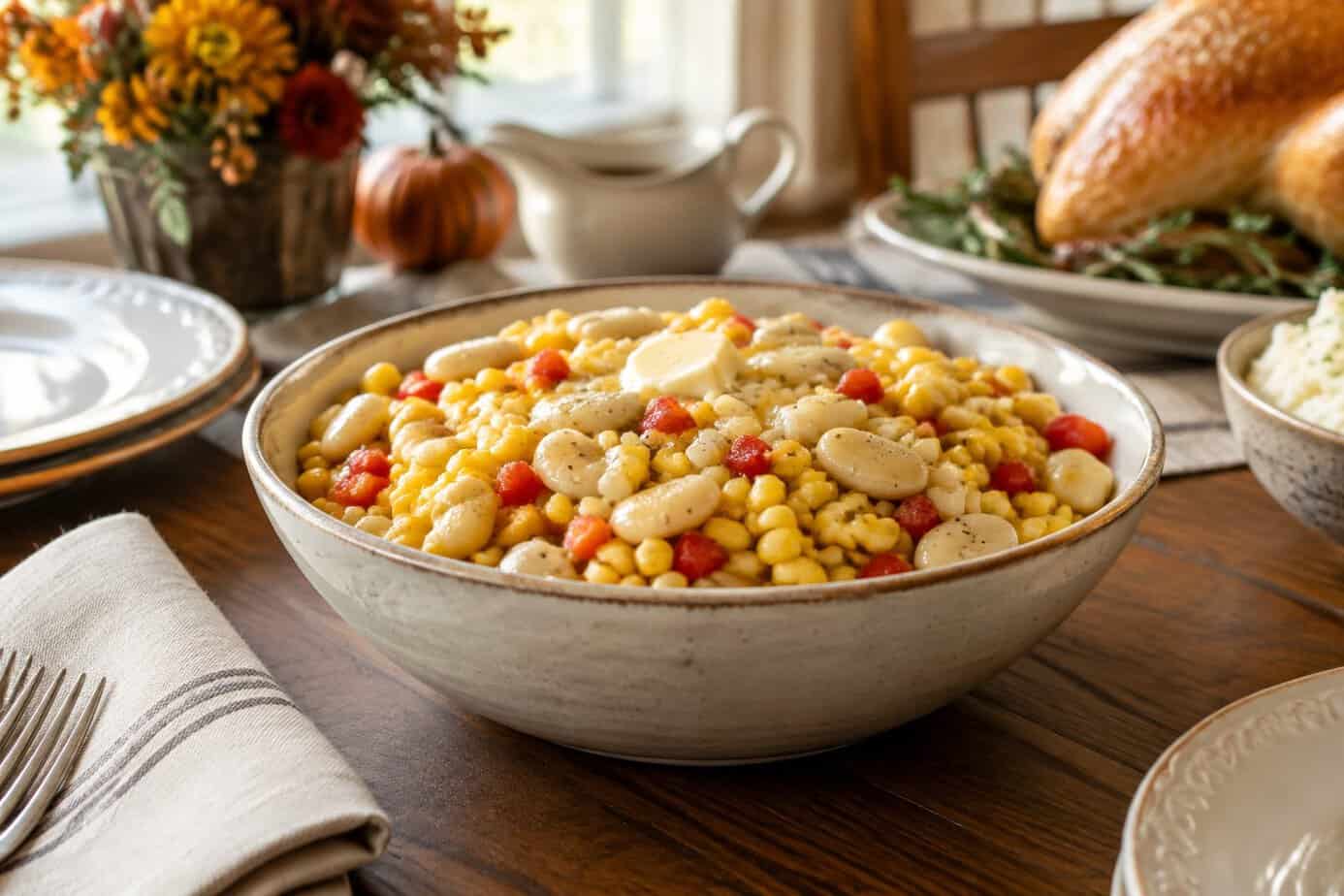 A bowl of corn and butter bean succotash on a Thanksgiving table.