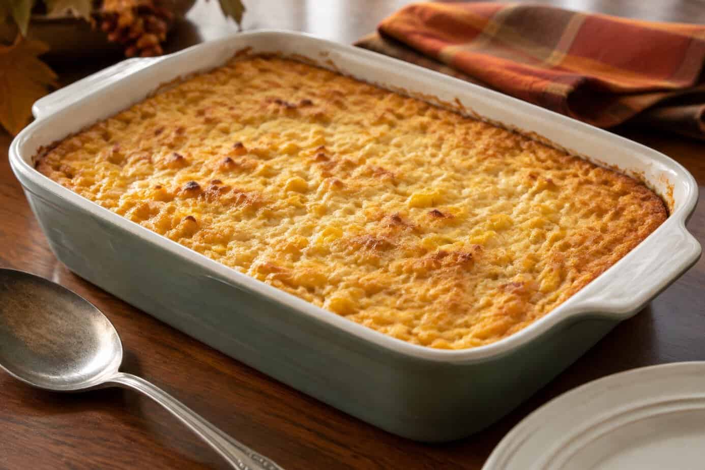 A golden casserole of scalloped corn on a dinner table.