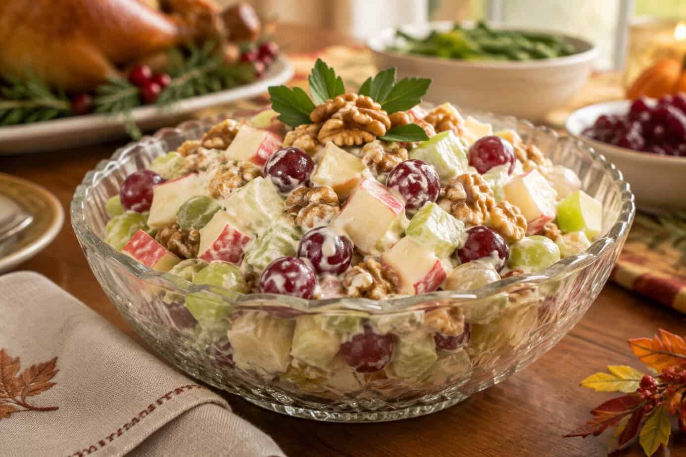 A glass bowl of Waldorf salad with apples, celery, grapes, and walnuts on a Thanksgiving table.