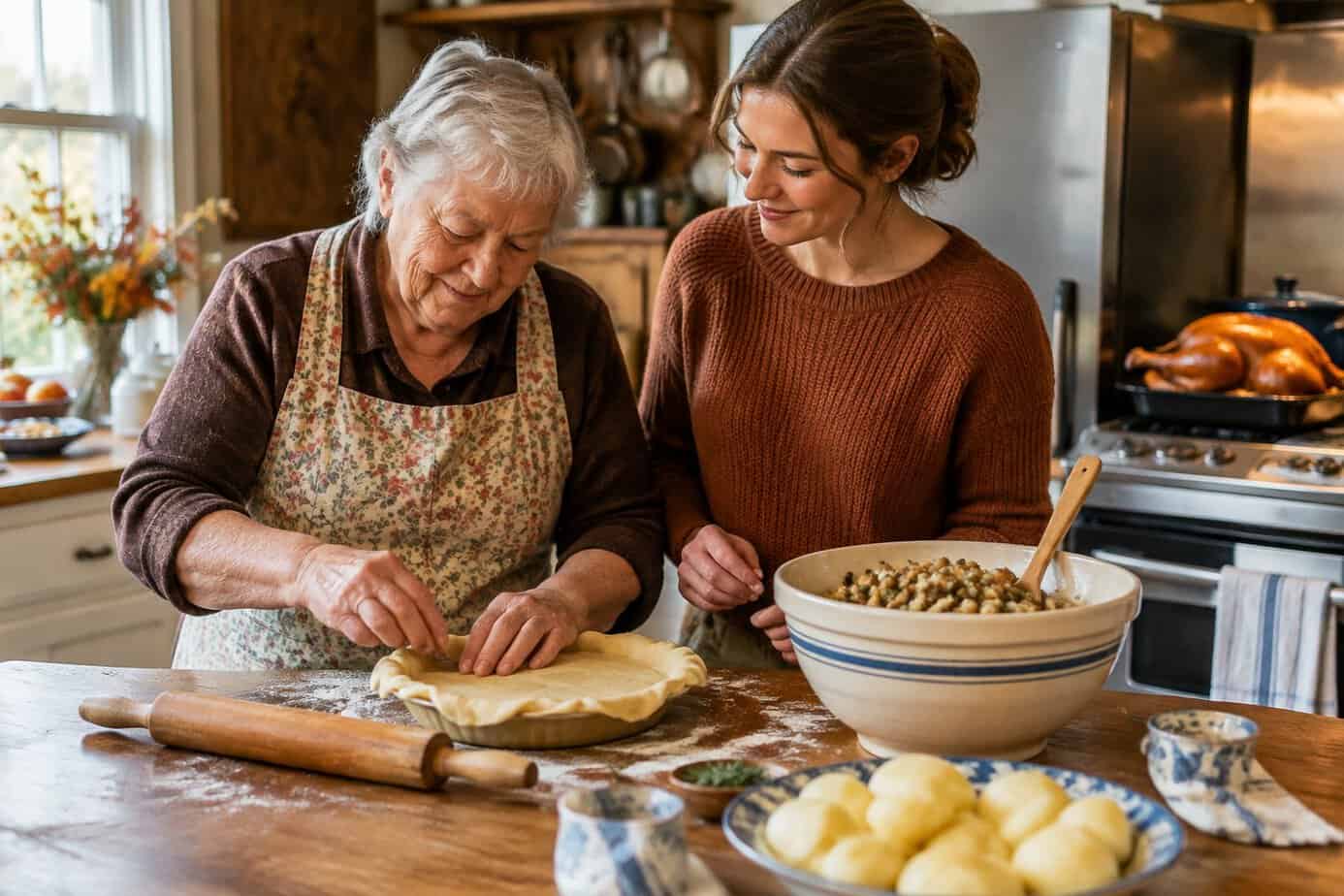 A grandmother and her granddaughter prepare Thanksgiving dishes together in a home kitchen.