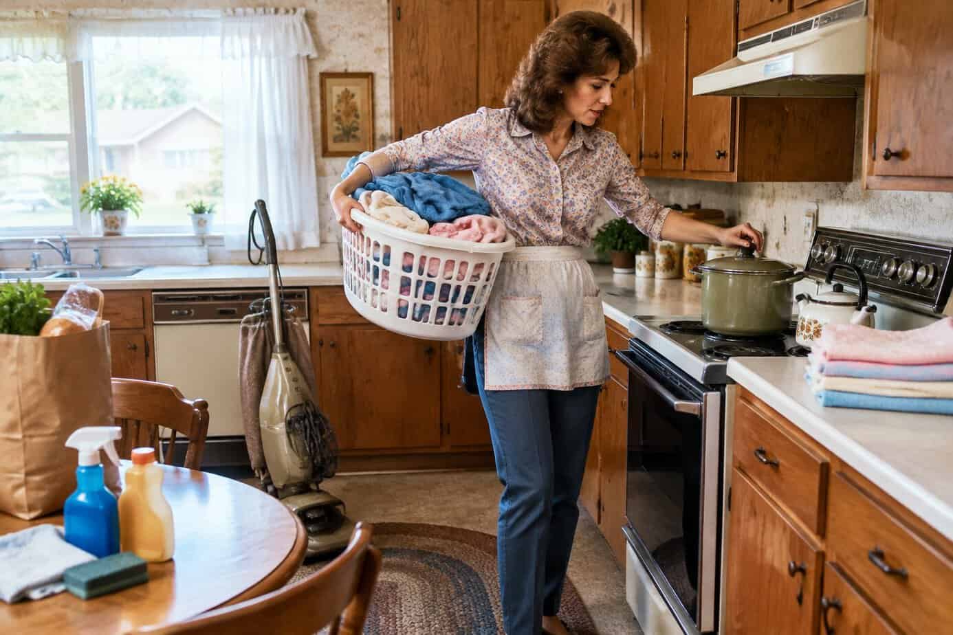 A 1980s housewife carrying a laundry basket while stirring a pot in a wood-cabinet kitchen
