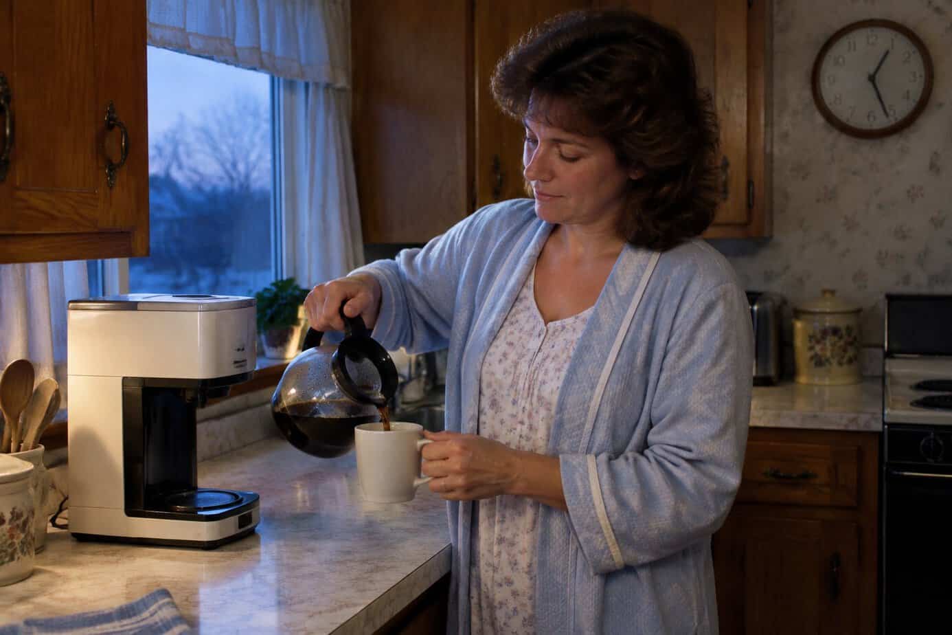 A young 1980s mother pouring her first cup of coffee from a drip coffee maker