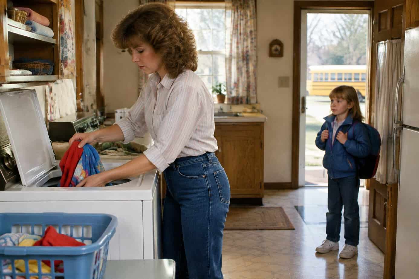 A 1980s mother starting a load of laundry in a top-loading washer as her son waits by the door
