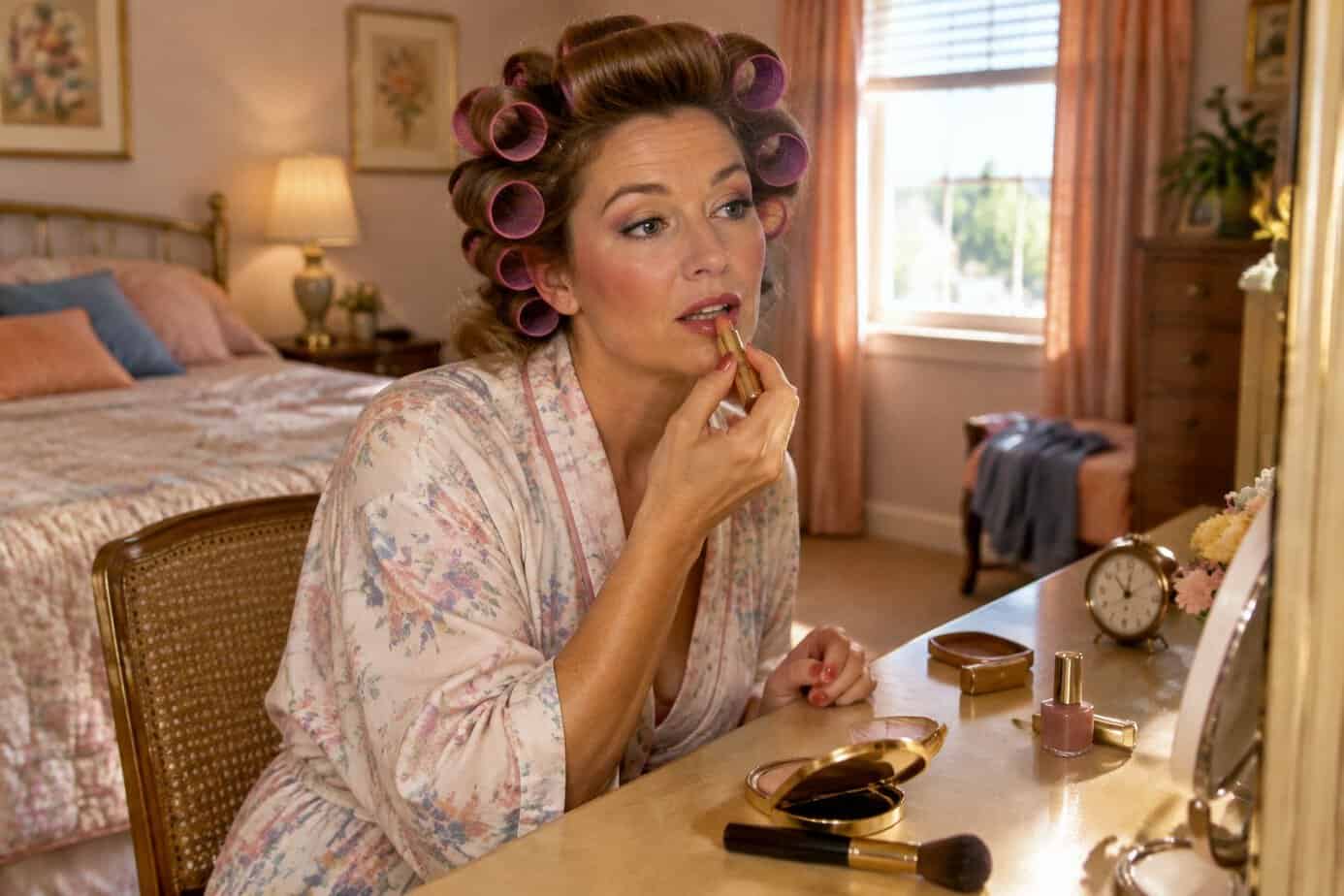 A 1980s woman in hot rollers putting on makeup at her vanity