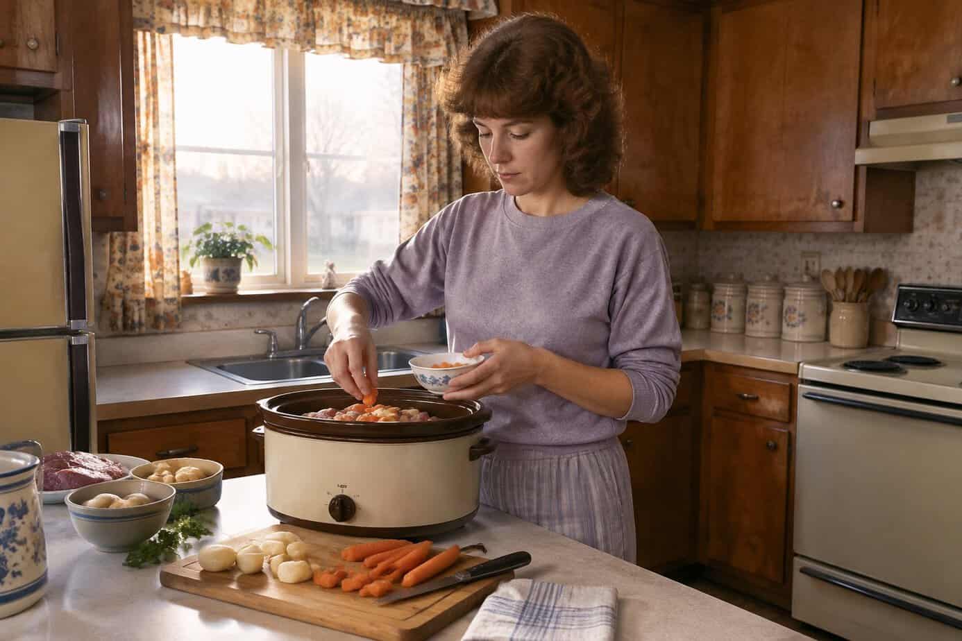 A 1980s housewife filling a slow cooker on the kitchen counter